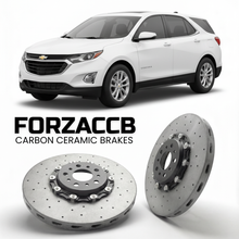 ForzaCCB direct OEM replacement carbon ceramic brake rotors for 2017 to 2021 Chevrolet Equinox III models, shown with a white Chevrolet Equinox car.