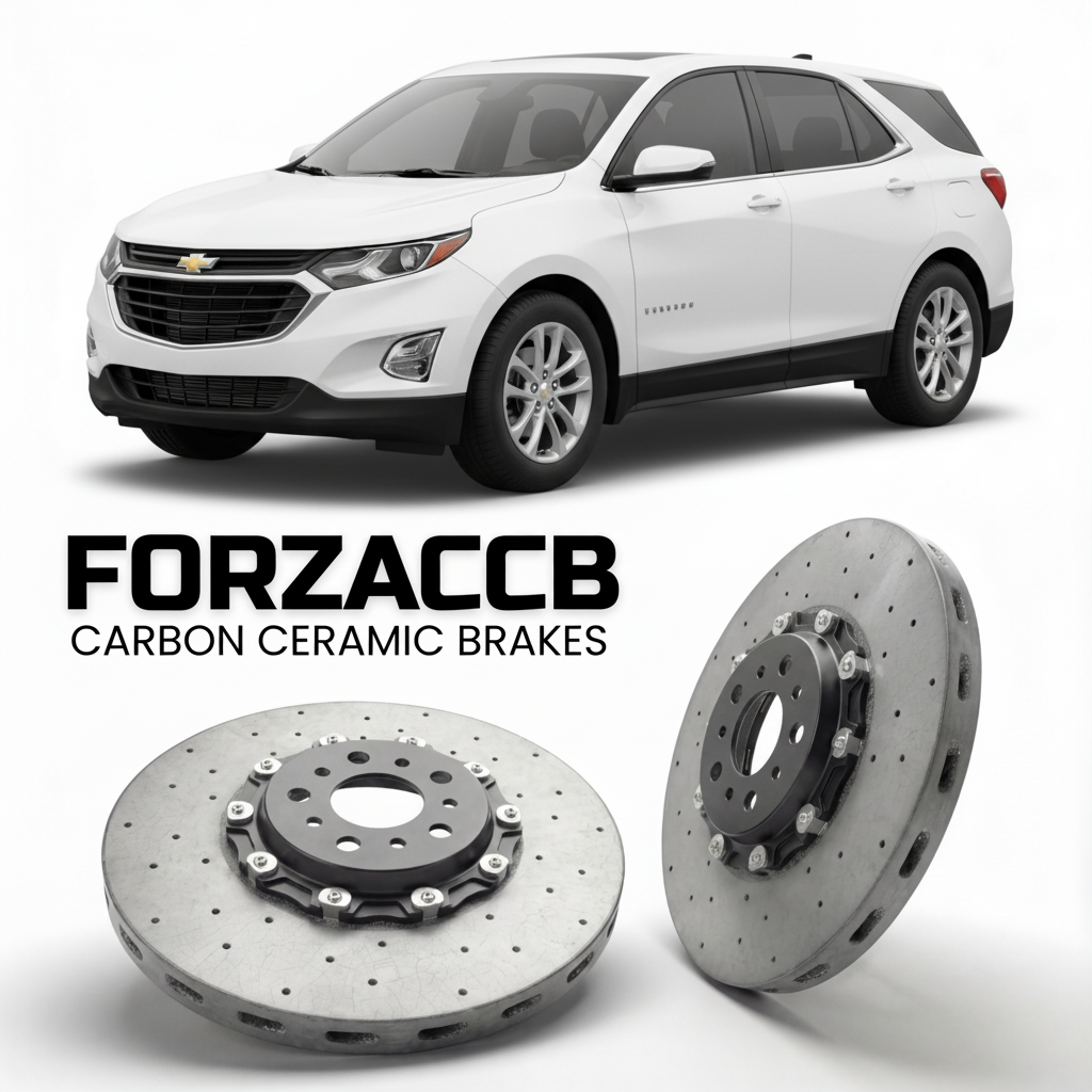 ForzaCCB direct OEM replacement carbon ceramic brake rotors for 2017 to 2021 Chevrolet Equinox III models, shown with a white Chevrolet Equinox car.