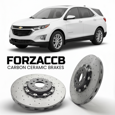 ForzaCCB direct OEM replacement carbon ceramic brake rotors for 2017 to 2021 Chevrolet Equinox III models, shown with a white Chevrolet Equinox car.