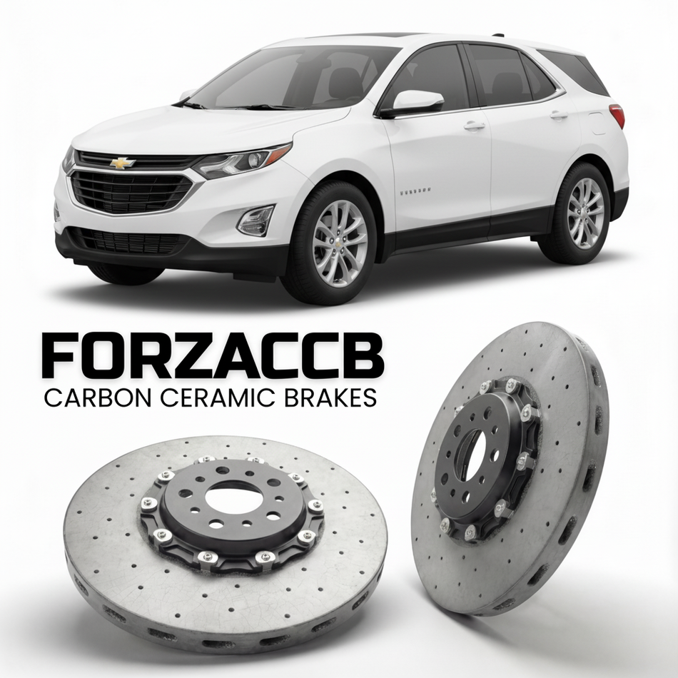 ForzaCCB direct OEM replacement carbon ceramic brake rotors for 2017 to 2021 Chevrolet Equinox III models, shown with a white Chevrolet Equinox car.