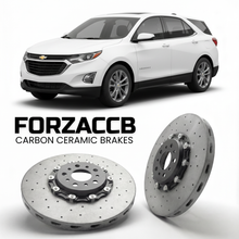 ForzaCCB direct OEM replacement carbon ceramic brake rotors for 2021-2024) Chevrolet Equinox III (facelift 2021 models, shown with a white Chevrolet Equinox car.