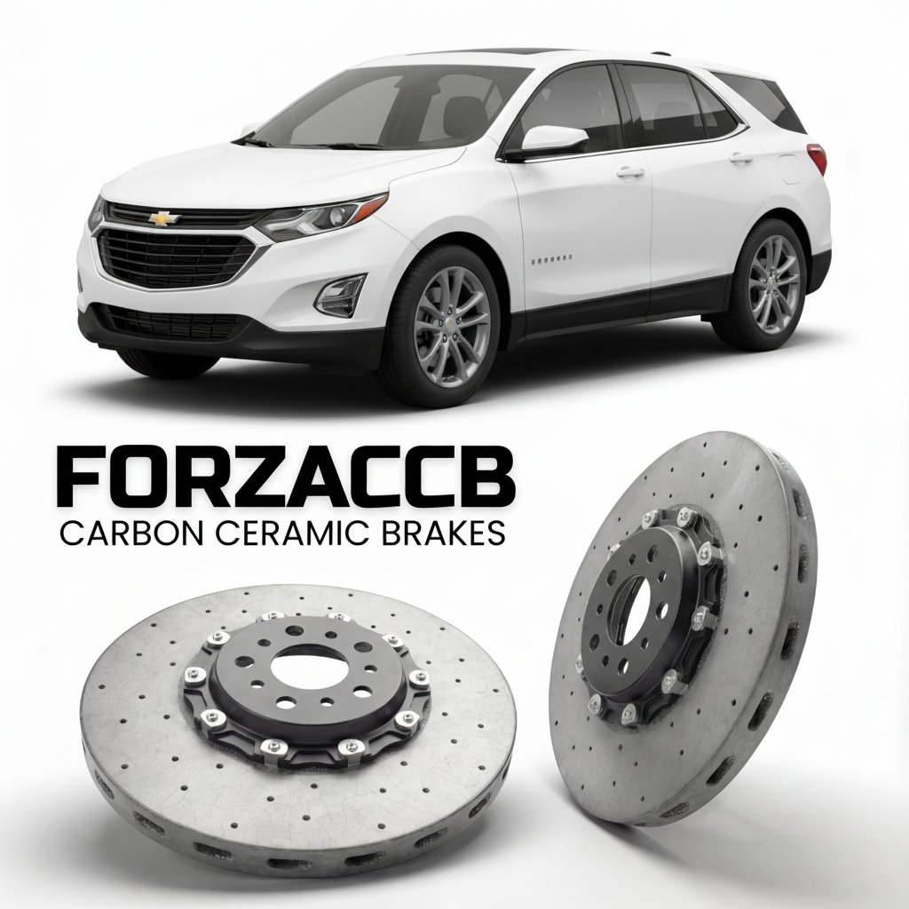 ForzaCCB direct OEM replacement carbon ceramic brake rotors for 2021-2024) Chevrolet Equinox III (facelift 2021 models, shown with a white Chevrolet Equinox car.