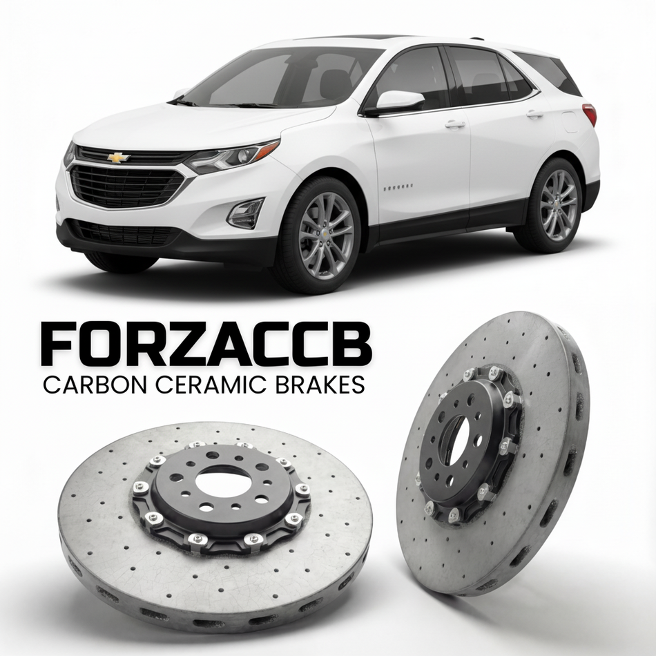 ForzaCCB direct OEM replacement carbon ceramic brake rotors for 2021-2024) Chevrolet Equinox III (facelift 2021 models, shown with a white Chevrolet Equinox car.