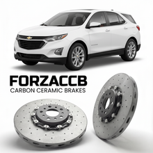 ForzaCCB direct OEM replacement carbon ceramic brake rotors for 2024 and newer Chevrolet Equinox IV models, shown with a white Chevrolet Equinox car.
