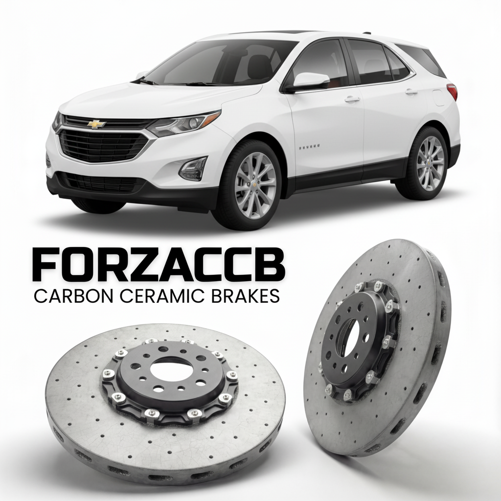 ForzaCCB direct OEM replacement carbon ceramic brake rotors for 2024 and newer Chevrolet Equinox IV models, shown with a white Chevrolet Equinox car.