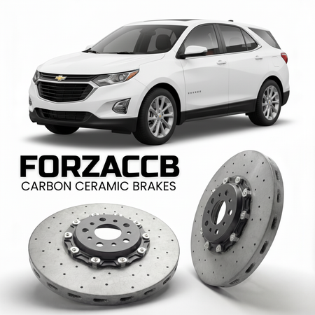 ForzaCCB direct OEM replacement carbon ceramic brake rotors for 2024 and newer Chevrolet Equinox IV models, shown with a white Chevrolet Equinox car.