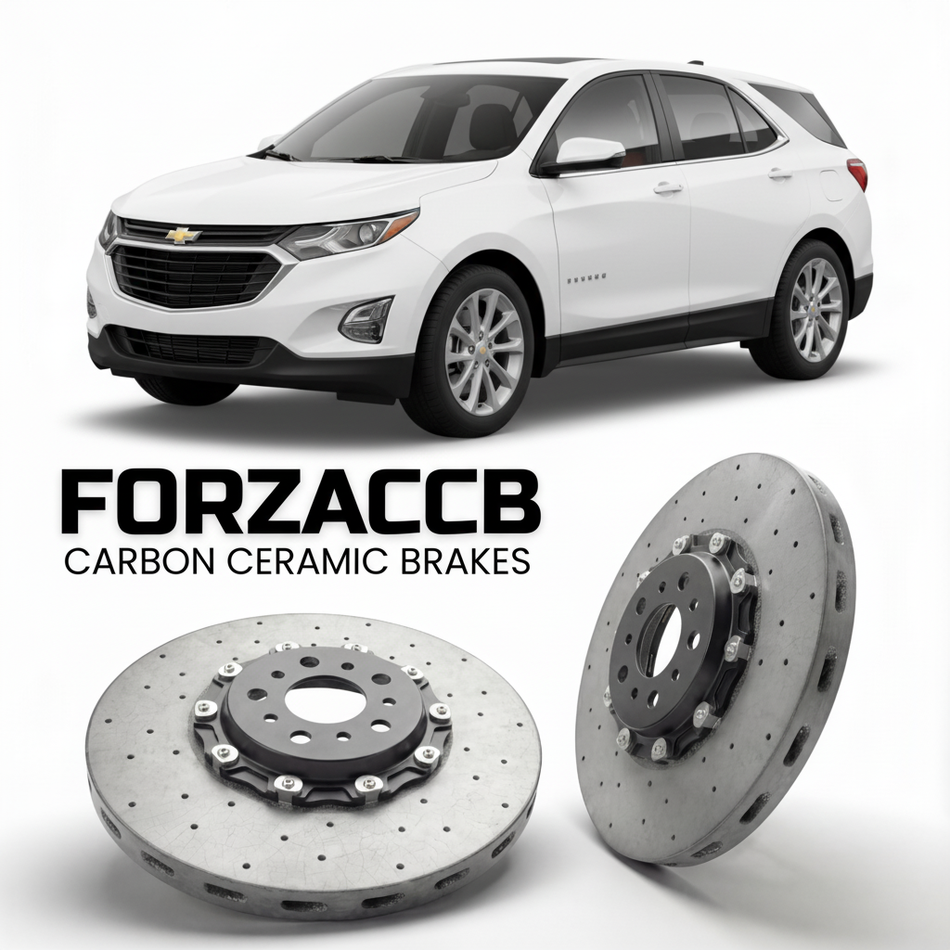 ForzaCCB direct OEM replacement carbon ceramic brake rotors for 2024 and newer Chevrolet Equinox IV models, shown with a white Chevrolet Equinox car.