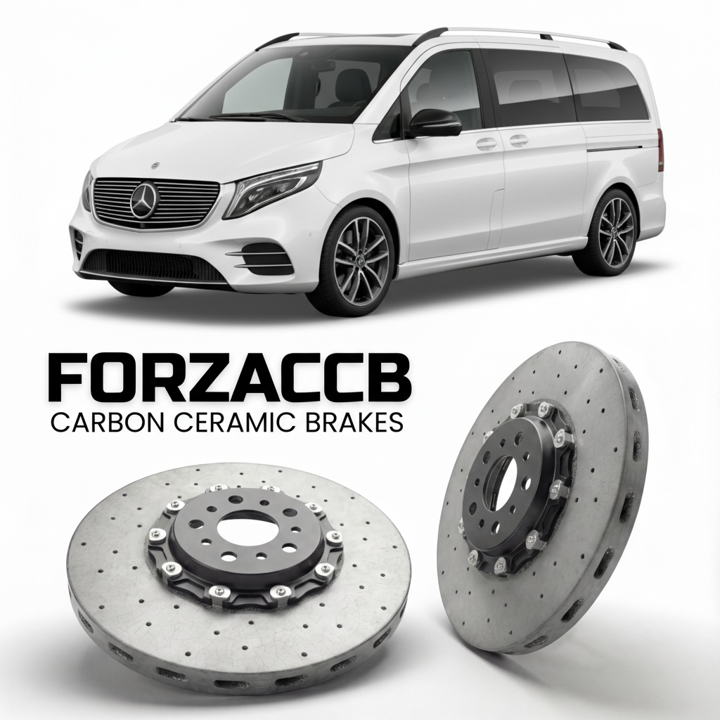 ForzaCCB direct OEM replacement carbon ceramic brake rotors for 2020- Mercedes-Benz EQV W447 models, shown with a white Mercedes-Benz EQV car.
