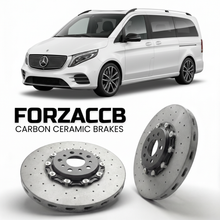 ForzaCCB direct OEM replacement carbon ceramic brake rotors for 2020- Mercedes-Benz EQV W447 models, shown with a white Mercedes-Benz EQV car.