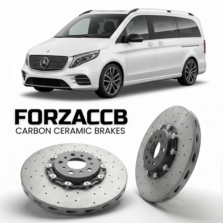 ForzaCCB direct OEM replacement carbon ceramic brake rotors for 2020- Mercedes-Benz EQV W447 models, shown with a white Mercedes-Benz EQV car.