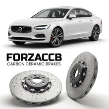 ForzaCCB direct OEM replacement carbon ceramic brake rotors for 2025 and newer Volvo ES90 V551 models, shown with a white Volvo ES90 car.