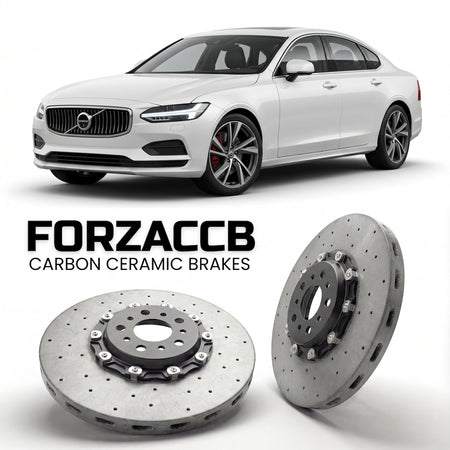 ForzaCCB direct OEM replacement carbon ceramic brake rotors for 2025 and newer Volvo ES90 V551 models, shown with a white Volvo ES90 car.