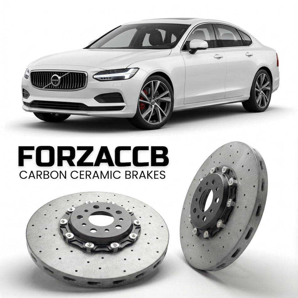 ForzaCCB direct OEM replacement carbon ceramic brake rotors for 2025 and newer Volvo ES90 V551 models, shown with a white Volvo ES90 car.