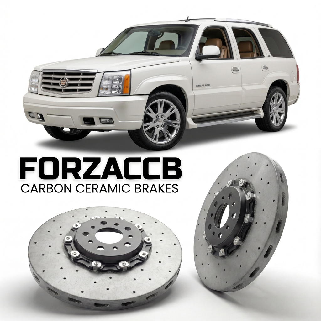ForzaCCB direct OEM replacement carbon ceramic brake rotors for 2005 to 2006 Cadillac Escalade II models, shown with a white Cadillac Escalade car.