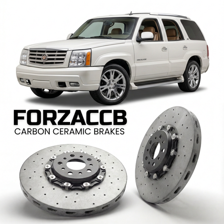 ForzaCCB direct OEM replacement carbon ceramic brake rotors for 2005 to 2006 Cadillac Escalade II models, shown with a white Cadillac Escalade car.