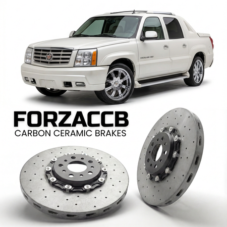 ForzaCCB direct OEM replacement carbon ceramic brake rotors for 2005 to 2006 Cadillac Escalade II EXT models, shown with a white Cadillac Escalade car.