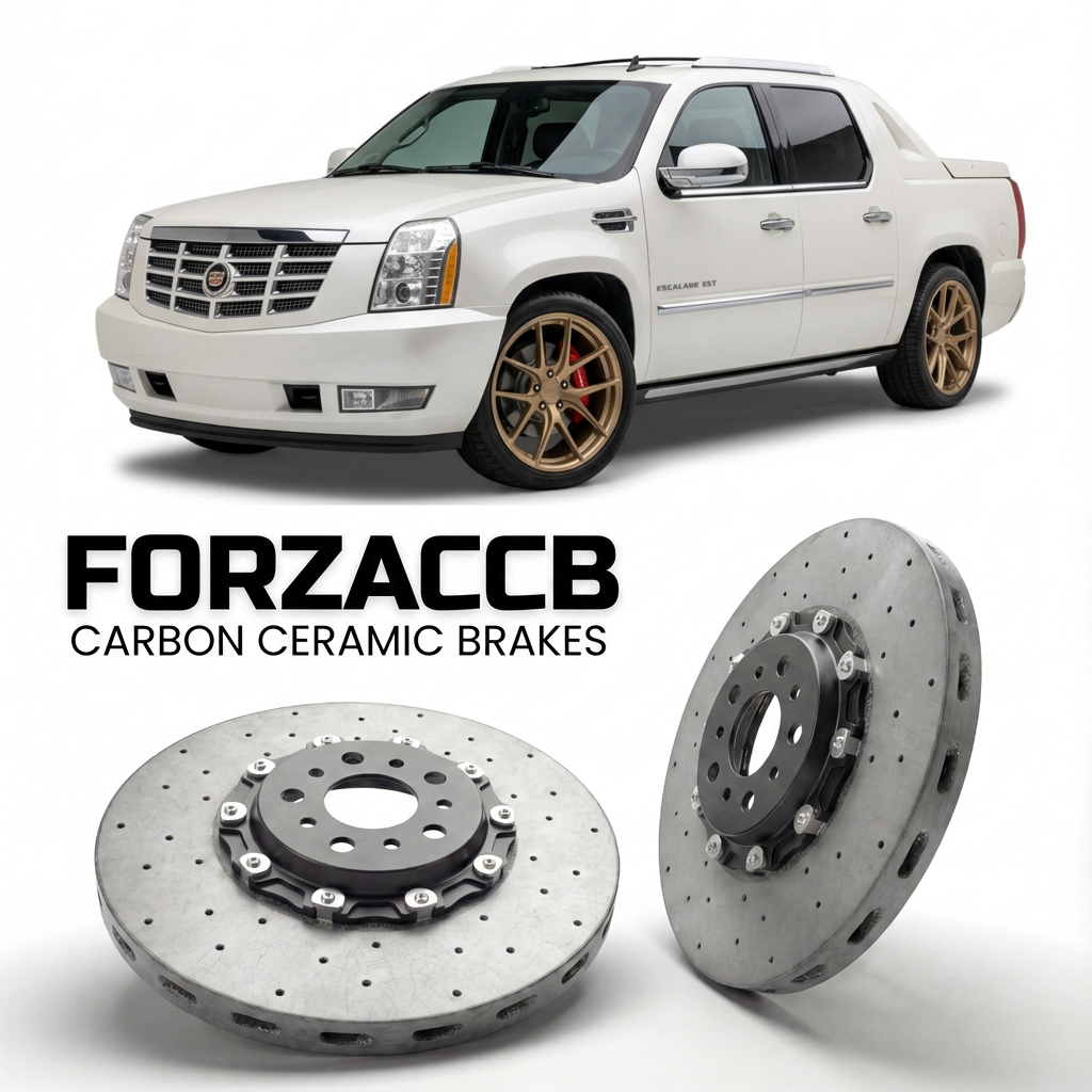 ForzaCCB direct OEM replacement carbon ceramic brake rotors for 2007 to 2013 Cadillac Escalade III EXT models, shown with a white Cadillac Escalade car.