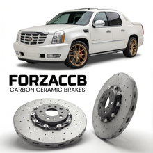 ForzaCCB direct OEM replacement carbon ceramic brake rotors for 2007 to 2013 Cadillac Escalade III EXT models, shown with a white Cadillac Escalade car.