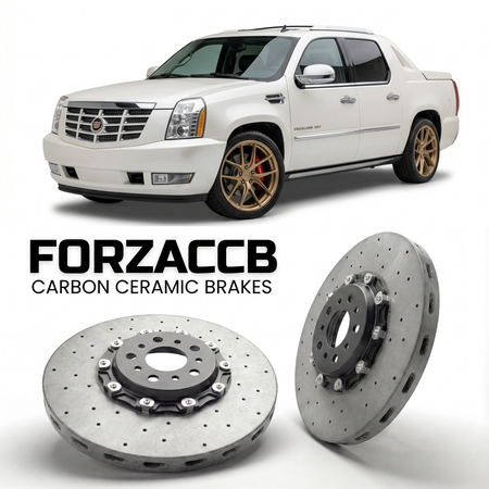 ForzaCCB direct OEM replacement carbon ceramic brake rotors for 2007 to 2013 Cadillac Escalade III EXT models, shown with a white Cadillac Escalade car.