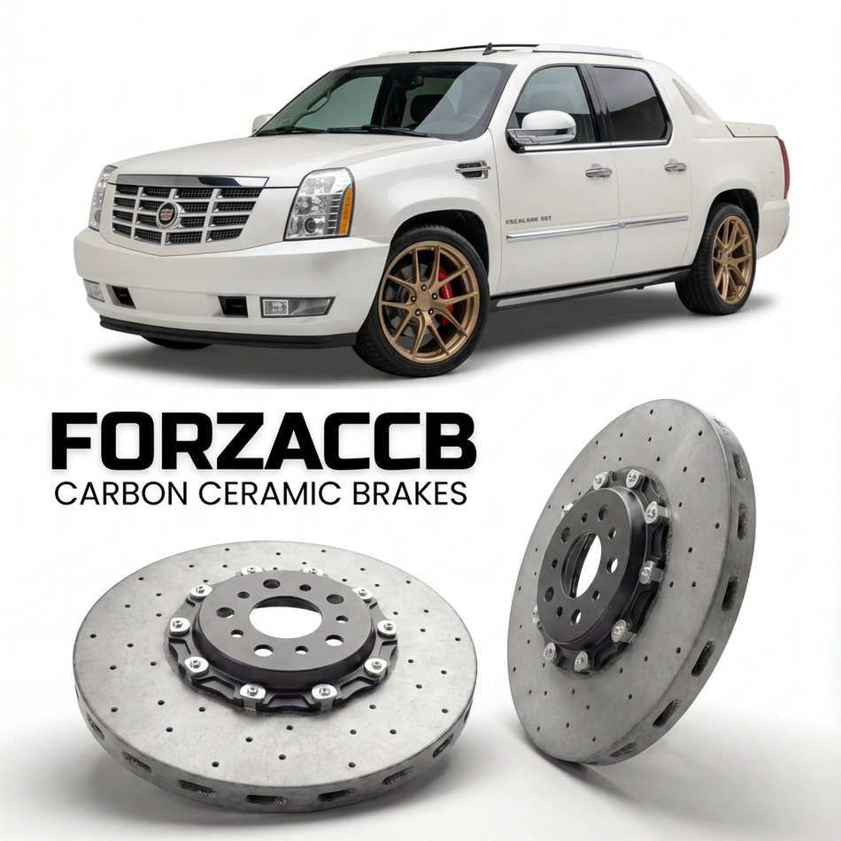 ForzaCCB direct OEM replacement carbon ceramic brake rotors for 2007 to 2013 Cadillac Escalade III EXT models, shown with a white Cadillac Escalade car.