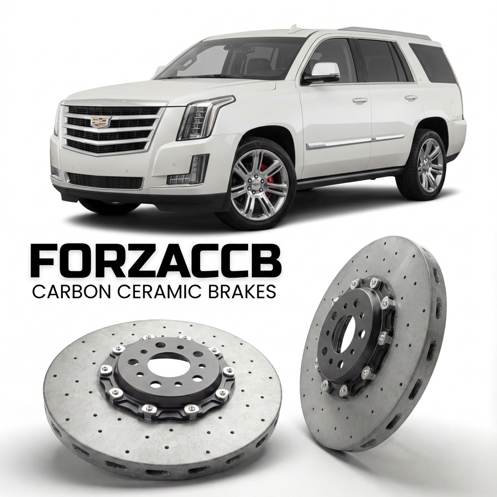 ForzaCCB direct OEM replacement carbon ceramic brake rotors for 2014 to 2020 Cadillac Escalade IV models, shown with a white Cadillac Escalade car.