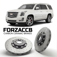 ForzaCCB direct OEM replacement carbon ceramic brake rotors for 2014 to 2020 Cadillac Escalade IV models, shown with a white Cadillac Escalade car.