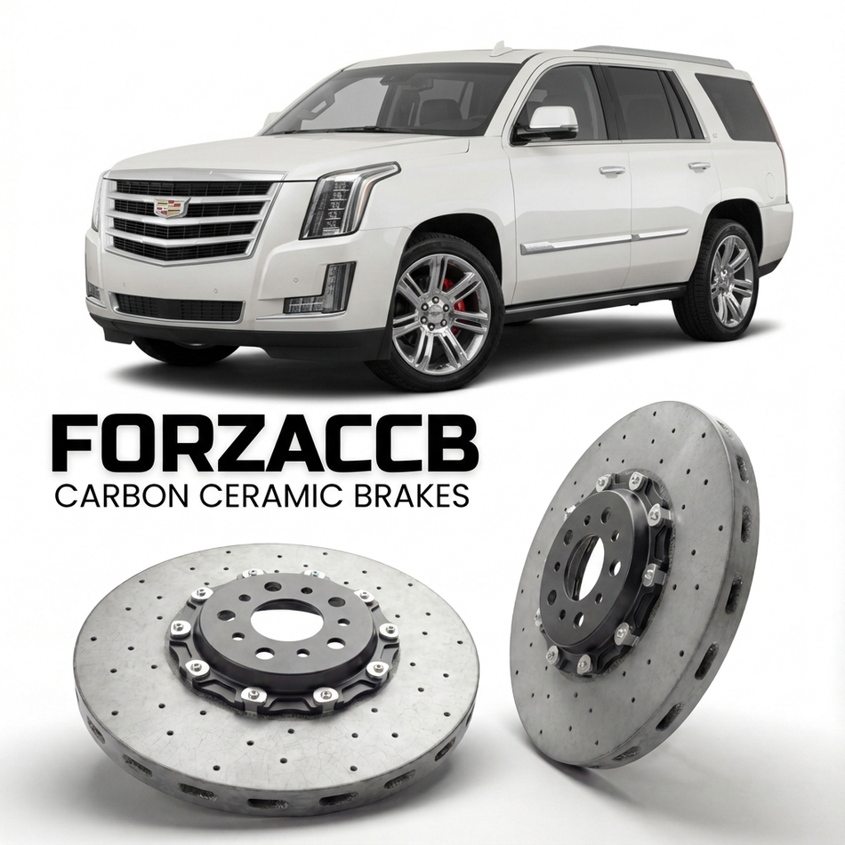 ForzaCCB direct OEM replacement carbon ceramic brake rotors for 2014 to 2020 Cadillac Escalade IV models, shown with a white Cadillac Escalade car.