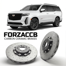 ForzaCCB direct OEM replacement carbon ceramic brake rotors for 2020 to 2024 Cadillac Escalade V models, shown with a white Cadillac Escalade car.