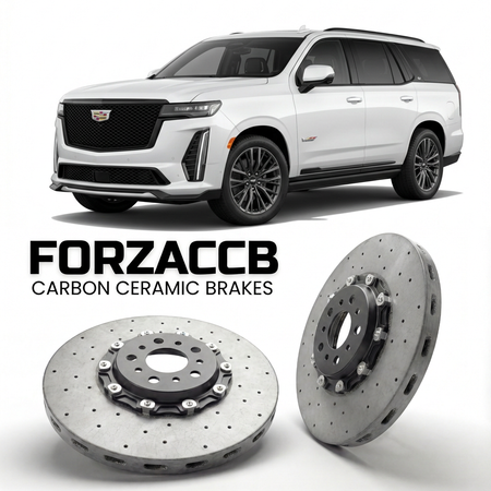 ForzaCCB direct OEM replacement carbon ceramic brake rotors for 2020 to 2024 Cadillac Escalade V models, shown with a white Cadillac Escalade car.