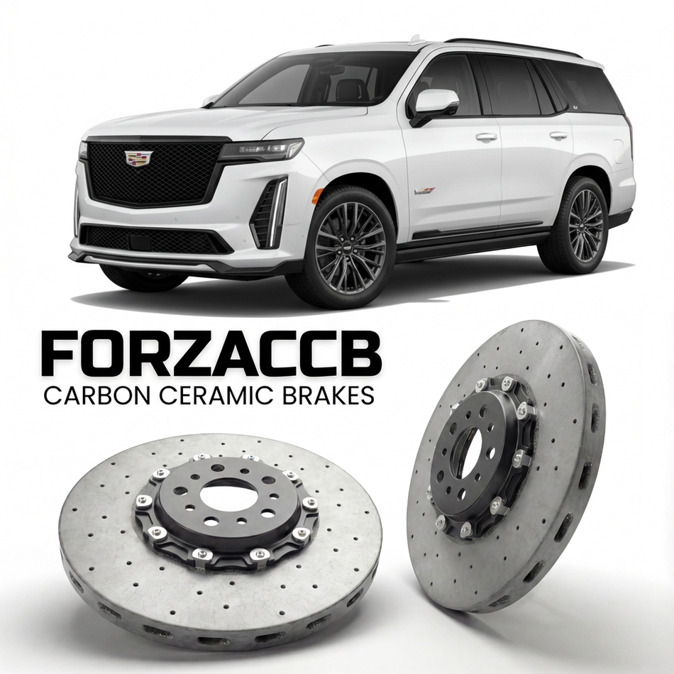 ForzaCCB direct OEM replacement carbon ceramic brake rotors for 2020 to 2024 Cadillac Escalade V models, shown with a white Cadillac Escalade car.