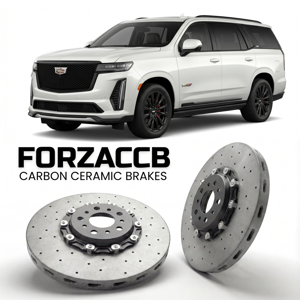 ForzaCCB direct OEM replacement carbon ceramic brake rotors for 2020 to 2024 Cadillac Escalade V ESV models, shown with a white Cadillac Escalade car.