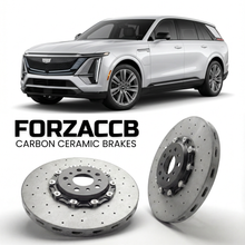 ForzaCCB direct OEM replacement carbon ceramic brake rotors for 2024 and newer Cadillac Escalade IQ models, shown with a white Cadillac Escalade car.