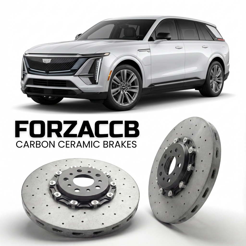ForzaCCB direct OEM replacement carbon ceramic brake rotors for 2024 and newer Cadillac Escalade IQ models, shown with a white Cadillac Escalade car.
