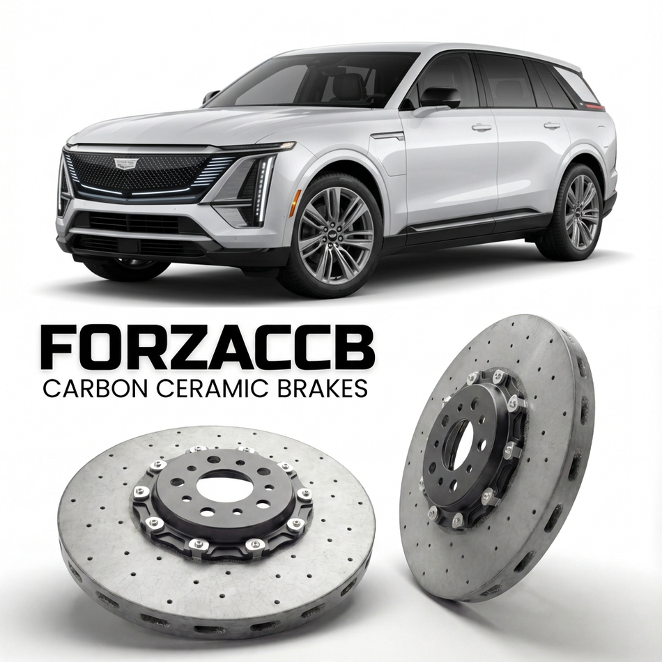 ForzaCCB direct OEM replacement carbon ceramic brake rotors for 2024 and newer Cadillac Escalade IQ models, shown with a white Cadillac Escalade car.