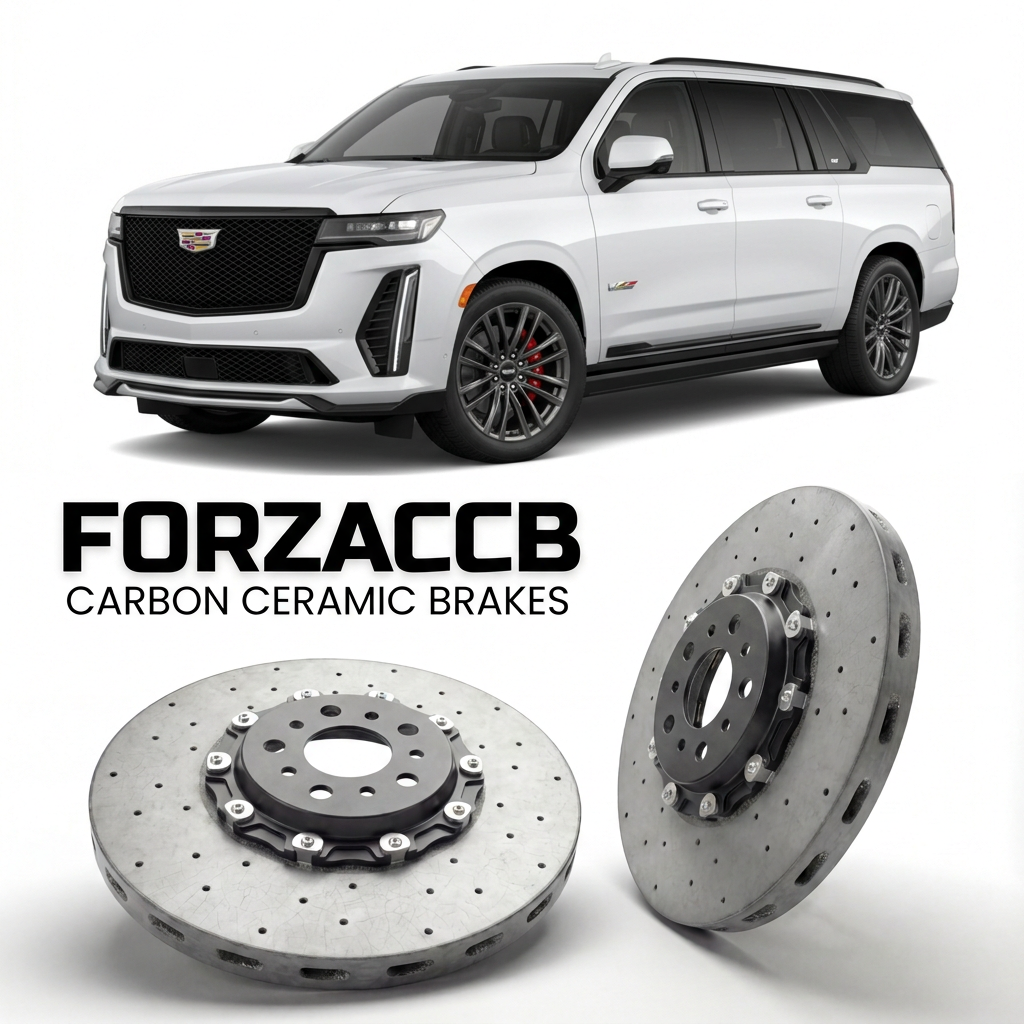 ForzaCCB direct OEM replacement carbon ceramic brake rotors for 2024+) Cadillac Escalade V ESV (facelift 2024 models, shown with a white Cadillac Escalade car.
