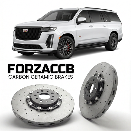 ForzaCCB direct OEM replacement carbon ceramic brake rotors for 2024+) Cadillac Escalade V ESV (facelift 2024 models, shown with a white Cadillac Escalade car.