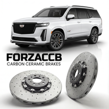 ForzaCCB direct OEM replacement carbon ceramic brake rotors for 2024+) Cadillac Escalade V (facelift 2024 models, shown with a white Cadillac Escalade car.