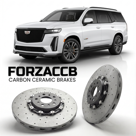 ForzaCCB direct OEM replacement carbon ceramic brake rotors for 2024+) Cadillac Escalade V (facelift 2024 models, shown with a white Cadillac Escalade car.