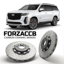 ForzaCCB direct OEM replacement carbon ceramic brake rotors for 2025 and newer Cadillac Escalade IQL models, shown with a white Cadillac Escalade car.