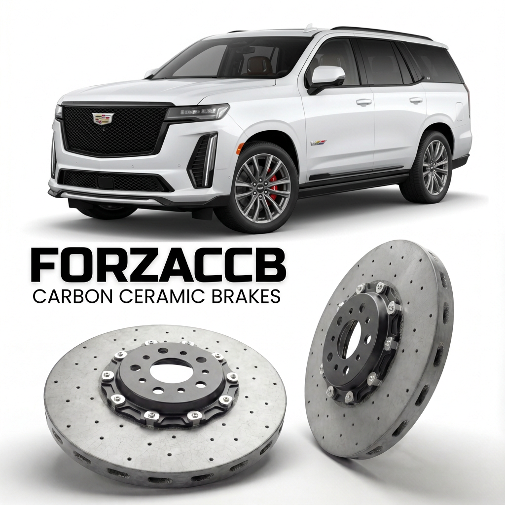ForzaCCB direct OEM replacement carbon ceramic brake rotors for 2025 and newer Cadillac Escalade IQL models, shown with a white Cadillac Escalade car.
