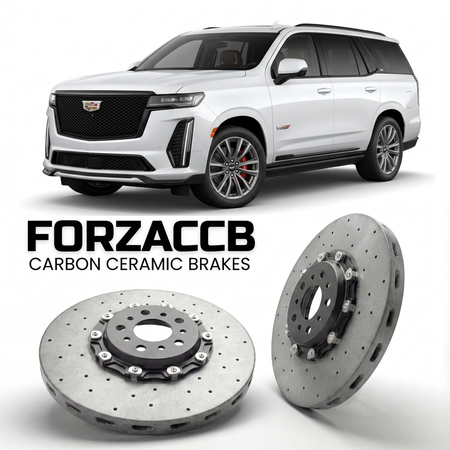 ForzaCCB direct OEM replacement carbon ceramic brake rotors for 2025 and newer Cadillac Escalade IQL models, shown with a white Cadillac Escalade car.