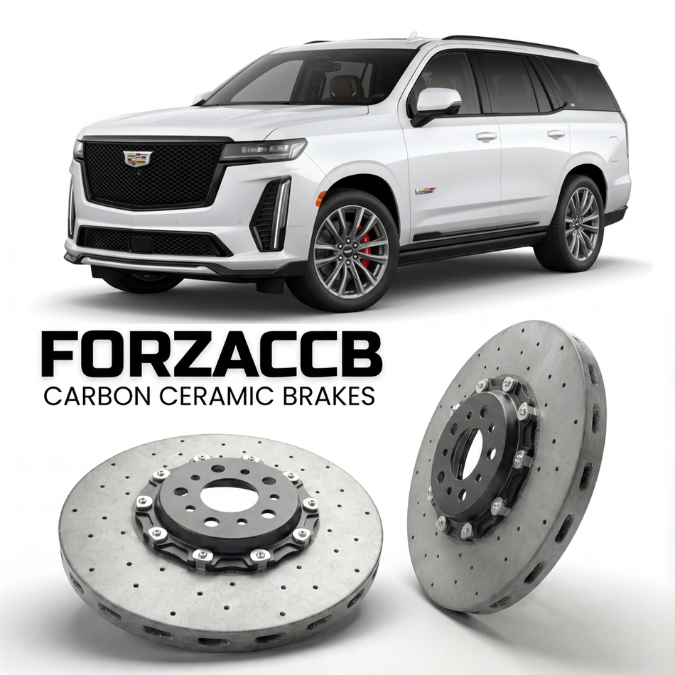 ForzaCCB direct OEM replacement carbon ceramic brake rotors for 2025 and newer Cadillac Escalade IQL models, shown with a white Cadillac Escalade car.