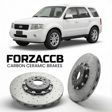 ForzaCCB direct OEM replacement carbon ceramic brake rotors for 2005 to 2007 Ford Escape I models, shown with a white Ford Escape car.