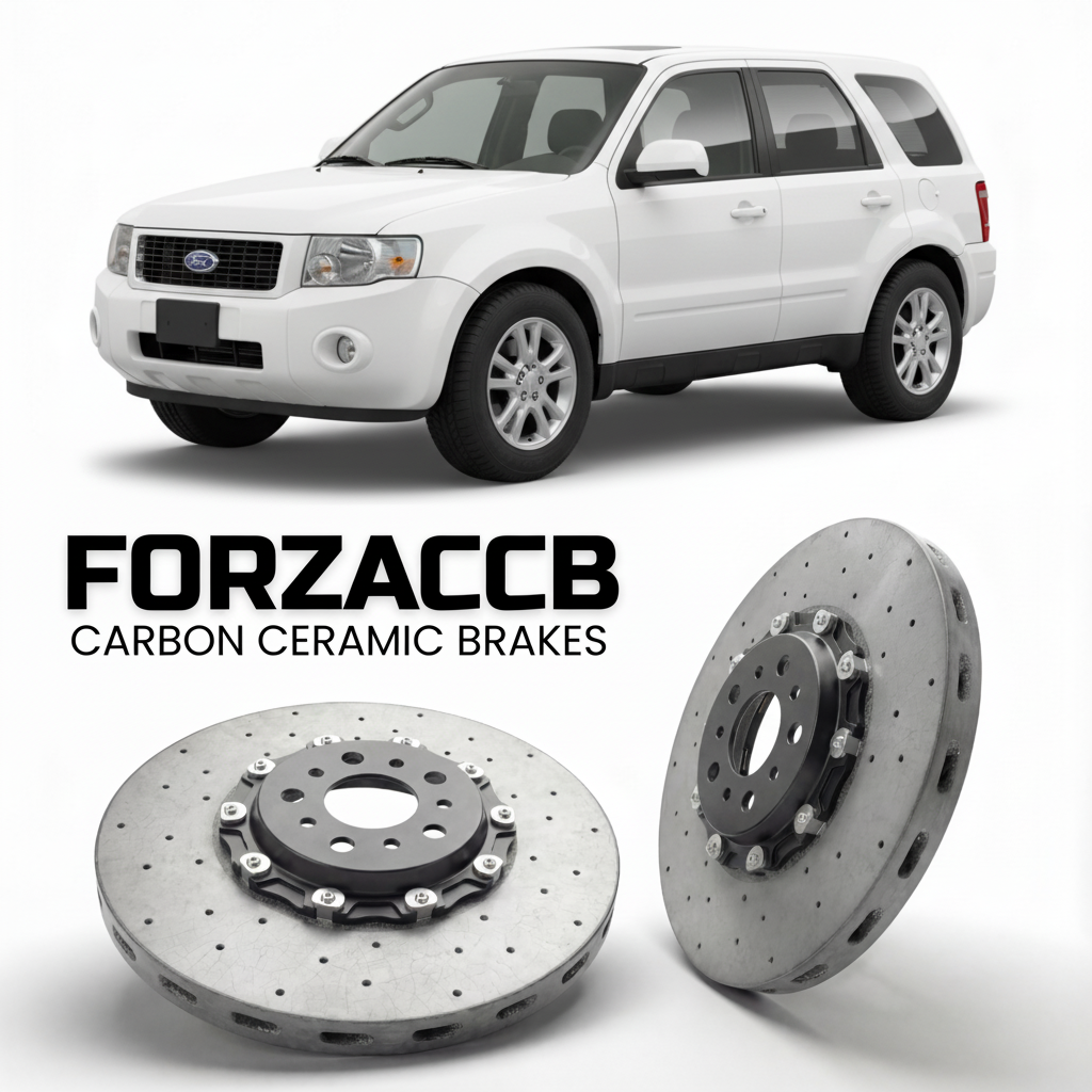 ForzaCCB direct OEM replacement carbon ceramic brake rotors for 2005 to 2007 Ford Escape I models, shown with a white Ford Escape car.