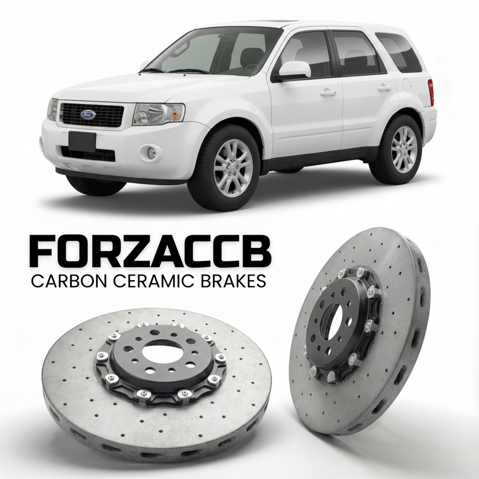 ForzaCCB direct OEM replacement carbon ceramic brake rotors for 2005 to 2007 Ford Escape I models, shown with a white Ford Escape car.