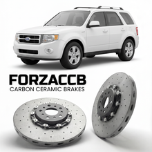 ForzaCCB direct OEM replacement carbon ceramic brake rotors for 2008 to 2012 Ford Escape II models, shown with a white Ford Escape car.