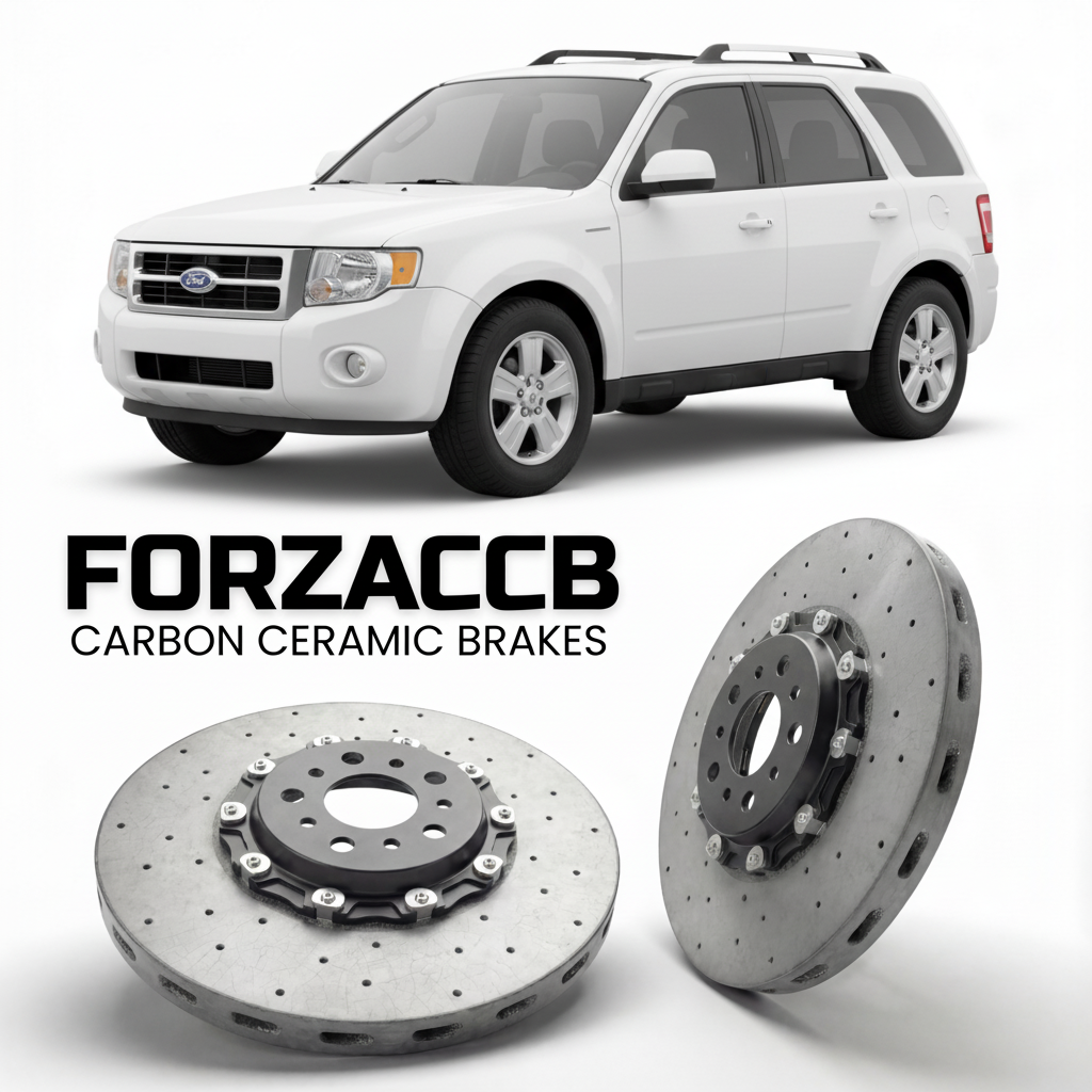 ForzaCCB direct OEM replacement carbon ceramic brake rotors for 2008 to 2012 Ford Escape II models, shown with a white Ford Escape car.