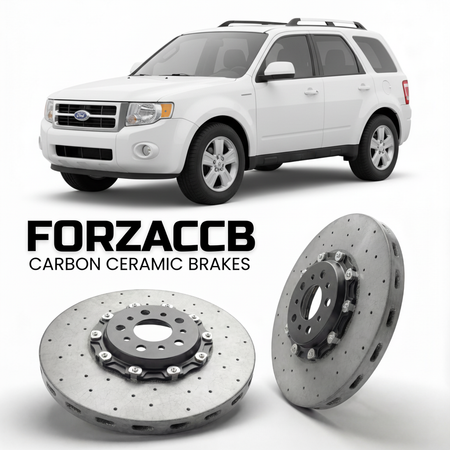 ForzaCCB direct OEM replacement carbon ceramic brake rotors for 2008 to 2012 Ford Escape II models, shown with a white Ford Escape car.