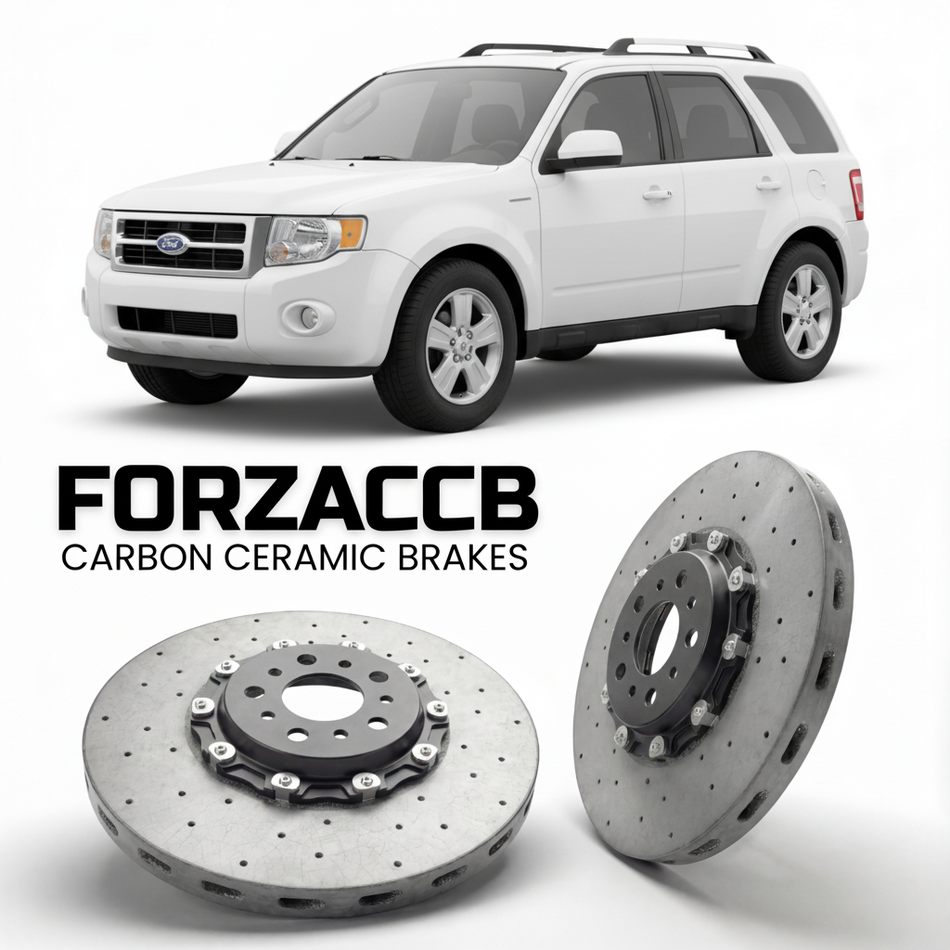 ForzaCCB direct OEM replacement carbon ceramic brake rotors for 2008 to 2012 Ford Escape II models, shown with a white Ford Escape car.