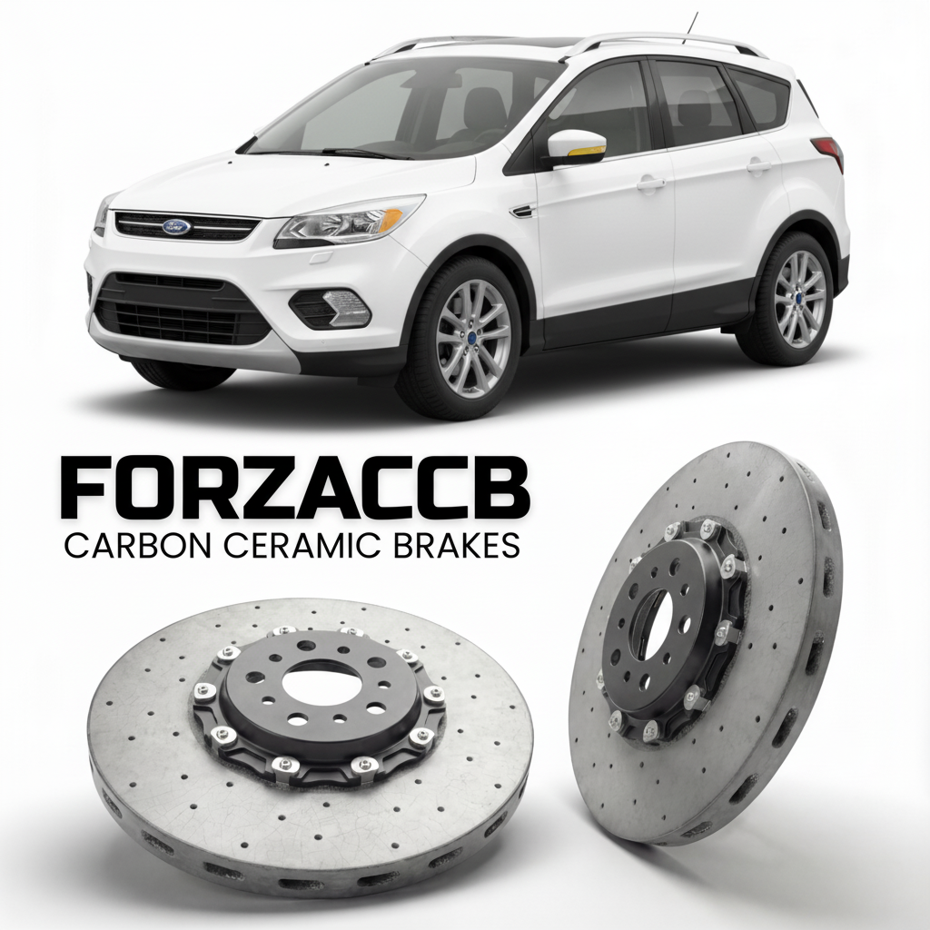 ForzaCCB direct OEM replacement carbon ceramic brake rotors for 2013 to 2016 Ford Escape III models, shown with a white Ford Escape car.
